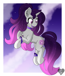 Size: 1940x2266 | Tagged: safe, artist:gnashie, derpibooru import, oc, oc only, oc:wispy nebula, unicorn, abstract background, bangles, bracelet, choker, cloud, ear piercing, earring, ethereal mane, happy, horn, horn piercing, jewelry, long mane, long tail, open mouth, piercing, sky, starry mane, stars, tail, unicorn oc