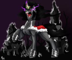 Size: 4203x3508 | Tagged: safe, artist:mekblue, derpibooru import, king sombra, umbrum, angry, armor, colored horn, crystal, curved horn, horn, magic, muscles, solo, sombra eyes, sombra horn, teeth, the crystal empire 10th anniversary