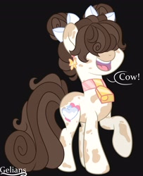 Size: 3325x4096 | Tagged: safe, artist:gelians, artist:pegasisterartmlp, derpibooru import, oc, oc only, cow, earth pony, pony, bell, black background, cowbell, earth pony oc, female, open mouth, simple background, solo