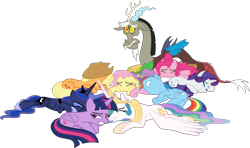 Size: 1435x849 | Tagged: safe, artist:pascalmulokozi2, derpibooru import, edit, edited screencap, screencap, applejack, discord, fluttershy, pinkie pie, princess celestia, princess luna, rainbow dash, rarity, spike, twilight sparkle, twilight sparkle (alicorn), alicorn, draconequus, dragon, earth pony, pegasus, pony, unicorn, season 9, the ending of the end, spoiler:s09, background removed, butt, defeat, defeated, mane six, not a vector, rainbutt dash, scared, winged spike, wings