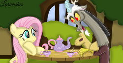 Size: 1980x1020 | Tagged: safe, artist:mlplary6, derpibooru import, discord, fluttershy, draconequus, pony, cup, duo, duo male and female, female, food, looking at each other, looking at someone, male, mare, smiling, tea, teacup, teapot