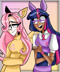 Size: 1005x1202 | Tagged: safe, artist:berriiparfait, derpibooru import, fluttershy, twilight sparkle, human, dark skin, duo, eared humanization, humanized, winged humanization, wings