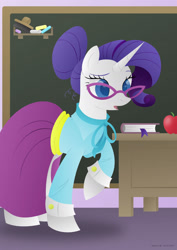 Size: 1280x1811 | Tagged: safe, artist:lavenderrain24, derpibooru import, rarity, pony, unicorn, chalkboard, clothes, female, solo, teacher