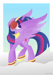 Size: 1280x1811 | Tagged: safe, artist:lavenderrain24, derpibooru import, twilight sparkle, twilight sparkle (alicorn), alicorn, pony, clothes, cute, earmuffs, female, looking back, looking up, raised leg, scarf, snow, solo, spread wings, wings, winter