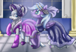 Size: 960x655 | Tagged: safe, artist:lavenderrain24, derpibooru import, rarity, oc, oc:lavender rain, pegasus, pony, unicorn, clothes, dress, duo, female, gala dress, pegasus oc