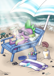 Size: 1240x1754 | Tagged: safe, artist:lavenderrain24, derpibooru import, spike, dragon, beach, drink, drinking straw, male, sand, solo, sunbathing, sunglasses, sunscreen, towel, water