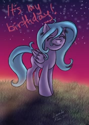 Size: 1240x1754 | Tagged: safe, artist:lavenderrain24, derpibooru import, oc, oc only, oc:lavender rain, pegasus, pony, birthday, eyes closed, female, happy, pegasus oc, smiling