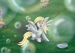 Size: 1754x1240 | Tagged: safe, artist:lavenderrain24, derpibooru import, derpy hooves, pegasus, pony, bubble, bubble wand, cute, derpabetes, female, hoof hold, solo