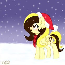 Size: 3000x3000 | Tagged: safe, artist:ladylullabystar, derpibooru import, oc, oc only, oc:guylian, pegasus, pony, christmas, clothes, female, hat, holiday, mare, santa hat, scarf, snow, snowfall, solo, striped scarf