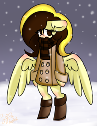 Size: 2169x2825 | Tagged: safe, artist:ladylullabystar, derpibooru import, oc, oc only, oc:guylian, pegasus, pony, bipedal, clothes, scarf, snow, snowfall, solo, striped scarf