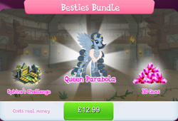 Size: 1267x861 | Tagged: safe, derpibooru import, idw, alicorn, zebra, bridge, bundle, costs real money, ear piercing, earring, english, female, fire, gameloft, gem, horn, horn ring, idw showified, jewelry, mare, necklace, numbers, official, palm tree, piercing, pillar, queen parabola, ring, sale, solo, solo focus, spread wings, text, tree, wings, zebra alicorn
