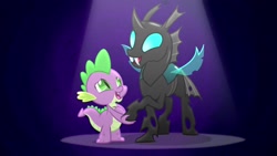 Size: 1920x1080 | Tagged: safe, derpibooru import, screencap, spike, thorax, changeling, dragon, season 6, the times they are a changeling, 1080p, duo, duo male, happy, male, spotlight, wholesome