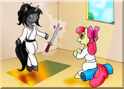 Size: 800x575 | Tagged: safe, artist:tielgar, derpibooru import, apple bloom, oc, oc:ebony darkness, earth pony, pony, unicorn, dojo, duo, eyes closed, female, glowing, glowing horn, horn, magic, sword, telekinesis, unicorn oc, weapon