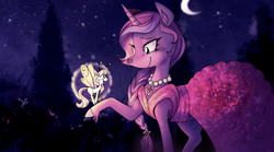 Size: 3000x1667 | Tagged: safe, artist:themagicbrew, derpibooru import, lily lightly, breezie, pony, unicorn, g3, g4, clothes, dress, duo, g3 to g4, generation leap, night