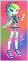 Size: 1448x3160 | Tagged: safe, artist:machakar52, derpibooru import, rainbow dash, equestria girls, alternate hairstyle, clothes, female, hair braid, high heels, necktie, school uniform, shoes, socks, solo, winx club