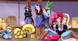 Size: 2477x1306 | Tagged: safe, artist:traupa, derpibooru import, applejack, fluttershy, pinkie pie, rainbow dash, rarity, spike, twilight sparkle, anthro, unguligrade anthro, back to back, bondage, bound and gagged, bound together, breasts, cloth gag, cowgirl, female, gag, hogtied, kidnapped, mane seven, mane six, pole tied