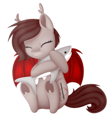 Size: 1280x1398 | Tagged: safe, artist:bloodyartwork, derpibooru import, oc, oc only, bat pony, pony, shark, bat pony oc, cute, eyes closed, female, plushie, shark plushie, simple background, solo, transparent background, underhoof