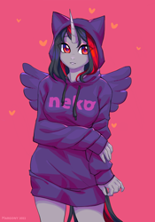 Size: 838x1200 | Tagged: safe, artist:margony, derpibooru import, oc, oc only, oc:flydry, anthro, unicorn, breasts, clothes, female, hoodie, horn, solo, wings