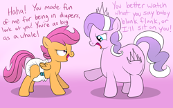 Size: 1280x800 | Tagged: safe, artist:fillyscoots42, derpibooru import, diamond tiara, scootaloo, earth pony, pegasus, pony, ask chubby diamond, ask crinkleloo, chubby diamond, diaper, fat, female, filly, foal, height difference, looking at each other, looking at someone