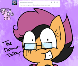 Size: 1024x868 | Tagged: safe, artist:askscootahipster, derpibooru import, diamond tiara, scootaloo, earth pony, pony, ask, ask scootahipster, bust, clothes, crying, female, filly, foal, glasses, implied full tour, implied pooping, implied vore, scarf, scootahipster, shrunken pupils, solo, striped scarf