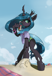 Size: 1944x2828 | Tagged: safe, artist:i love hurt, derpibooru import, queen chrysalis, changeling, changeling queen, pony, semi-anthro, g4, beach, beach towel, crown, drink, drinking, fangs, featured image, female, horn, inner tube, jewelry, mare, morning, regalia, sand, solo, wallpaper, wings