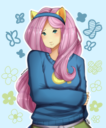 Size: 1500x1800 | Tagged: safe, artist:datpuppiartist, derpibooru import, fluttershy, equestria girls, clothes, fake ears, female, looking at you, pony ears, solo, sweater, wondercolts