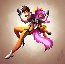 Size: 1002x999 | Tagged: safe, artist:scarlet-spectrum, derpibooru import, oc, oc:lillybit, earth pony, human, pony, clothes, cosplay, costume, duo, overwatch, tracer