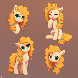 Size: 2000x2000 | Tagged: safe, artist:luminousdazzle, derpibooru import, pear butter, earth pony, pony, bust, chest fluff, cute, female, flower, flower in hair, freckles, full body, gradient background, hair tie, head tilt, looking at you, mare, messy mane, mom, pearabetes, portrait, simple background, sitting, smiling, smiling at you, solo, standing