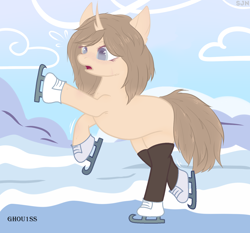 Size: 1608x1500 | Tagged: safe, artist:ghou1ss, derpibooru import, oc, oc only, oc:arina, pony, unicorn, blank flank, boots, clothes, cloud, commission, female, ice, ice skates, ice skating, mare, open mouth, raised hoof, raised leg, scar, shoes, snow, socks, solo, stockings, thigh highs, ych result