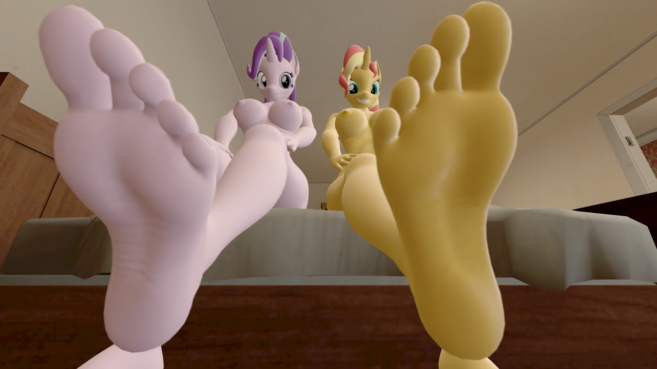 3228295 - suggestive, artist:thatradhedgehog, derpibooru import, starlight  glimmer, sunset shimmer, anthro, plantigrade anthro, unicorn, 3d, breasts,  feet, fetish, foot fetish, foot focus, nipples, nudity, shimglim, source  filmmaker - Ponybooru