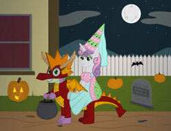 Size: 7077x5410 | Tagged: safe, artist:moonlight bloom, derpibooru import, spike, sweetie belle, dragon, pony, unicorn, .svg available, absurd resolution, clothes, cloud, costume, decoration, dragon costume, dragons riding ponies, dress, female, fence, filly, foal, full moon, gravestone, halloween, hat, hennin, holiday, house, implied rarity, jack-o-lantern, lidded eyes, looking at you, male, mlp fim's twelfth anniversary, moon, mountain, night, nightmare night, nightmare night costume, older, older spike, older sweetie belle, outdoors, ponies riding dragons, princess costume, pumpkin, quadsuit, riding, smiling, tape, teenage spike, teenage sweetie belle, teenager, vector, window