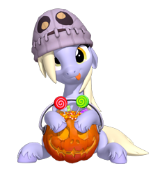 Size: 920x1000 | Tagged: safe, artist:owlpirate, derpibooru import, derpy hooves, pegasus, pony, 3d, beanie, candy, cute, derpabetes, ears, female, floppy ears, food, halloween, hat, holiday, lollipop, looking at you, mare, pumpkin bucket, simple background, smiling, smiling at you, solo, source filmmaker, tongue, tongue out, transparent background, unshorn fetlocks