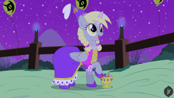 Size: 1920x1080 | Tagged: safe, artist:facelessjr, derpibooru import, derpy hooves, pegasus, alternate hairstyle, bag, balloon, braid, braided pigtails, candle, candy, candy bag, clothes, costume, derp, dress, fake horn, fence, food, night, nightmare night, nightmare night symbol, pigtails, pose, princess costume, smiling, solo