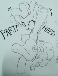 Size: 998x1298 | Tagged: safe, artist:maren, derpibooru import, pinkie pie, earth pony, pony, 2017, bipedal, dancing, dialogue, eyes closed, female, mare, old art, open mouth, party hard, solo, traditional art