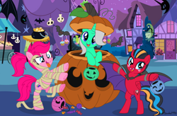 Size: 3000x1973 | Tagged: safe, artist:lynnthenerdkitty, artist:orionofthestars, derpibooru import, earth pony, pegasus, pony, unicorn, base, base used, bipedal, candy, elita-1, food, halloween, holiday, jack-o-lantern, moonracer, nightmare night symbol, ponyville, pumpkin, pumpkin bucket, windblade