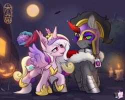 Size: 1875x1500 | Tagged: safe, derpibooru import, king sombra, shining armor, oc, oc:coloured glaze rose, bat pony, pony, unicorn, candle, candy, canon x oc, clothes, cosplay, costume, crystal heart, duo, duo male, fake cutie mark, fake horn, fake wings, food, gay, halloween, halloween costume, helmet, holiday, magic, male, moon, nightmare night, pumpkin, shipping, sombrose, stallion