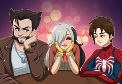 Size: 3636x2500 | Tagged: safe, artist:ameliacostanza, derpibooru import, discord, eris, human, crossover, female, hand on chin, humanized, logan, male, marvel, peter parker, rule 63, spider-man, ultimate spiders and magic, wolverine