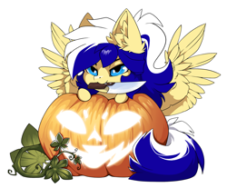 Size: 1500x1239 | Tagged: safe, alternate version, artist:arctic-fox, derpibooru import, part of a set, oc, oc only, oc:animatedpony, pegasus, pony, alternate character, commission, knife, pumpkin, simple background, solo, transparent background, ych result