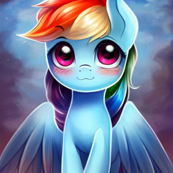 Size: 512x512 | Tagged: safe, derpibooru import, generator:stable diffusion, machine learning generated, rainbow dash, pegasus, pony, blushing, cute, dashabetes, female, looking at you, mare, smiling, smiling at you, solo, wings