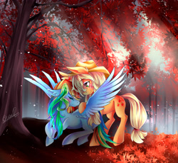 Size: 4589x4214 | Tagged: safe, artist:evanrank, derpibooru import, applejack, rainbow dash, earth pony, pegasus, pony, absurd resolution, appledash, autumn, blushing, duo, duo female, eyes closed, female, forest, leaves, lesbian, mare, shipping, smiling, spread wings, tree, wings