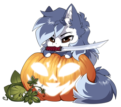 Size: 2072x1828 | Tagged: safe, alternate version, artist:arctic-fox, derpibooru import, part of a set, oc, oc only, oc:ash wing, earth pony, pony, alternate character, commission, mouth hold, pumpkin, simple background, solo, sword, transparent background, weapon, ych result