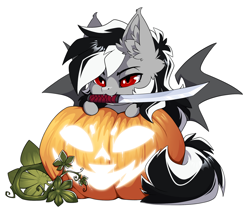 Size: 1500x1265 | Tagged: safe, alternate version, artist:arctic-fox, derpibooru import, part of a set, oc, oc only, oc:stormdancer, bat pony, pony, alternate character, commission, mouth hold, pumpkin, simple background, solo, sword, transparent background, weapon, ych result