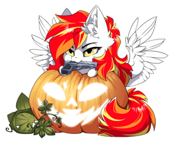 Size: 1500x1239 | Tagged: safe, alternate version, artist:arctic-fox, derpibooru import, part of a set, oc, oc only, oc:diamond sun, pegasus, pony, alternate character, commission, gun, mouth hold, pumpkin, simple background, solo, transparent background, weapon, ych result