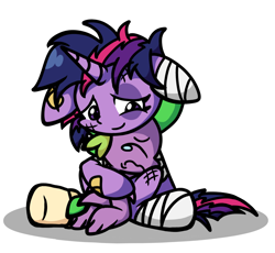 Size: 1420x1307 | Tagged: safe, artist:derp pone, derpibooru import, spike, twilight sparkle, twilight sparkle (alicorn), alicorn, dragon, pony, bandage, black eye, crying, duo, duo male and female, female, hug, injured, male, messy mane, simple background, sitting, smiling, white background