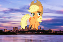 Size: 2048x1367 | Tagged: safe, artist:cloudyglow, artist:jaredking779, derpibooru import, applejack, earth pony, pony, cowboy hat, female, giant pony, giant/macro earth pony, giantess, hat, highrise ponies, irl, kansas city, looking at you, macro, mare, mega applejack, mega giant, missouri, photo, ponies in real life, smiling, solo, stetson