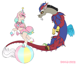 Size: 2200x1846 | Tagged: safe, artist:dozyarts, derpibooru import, discord, oc, oc:dozy, draconequus, ball, clothes, clown outfit, costume, female, hat, jester hat, nightmare night costume, simple background, white background