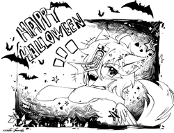 Size: 2581x1981 | Tagged: safe, artist:gale spark, derpibooru import, oc, oc only, oc:gale spark, bat, pegasus, pony, black and white, grayscale, halloween, happy halloween, holiday, monochrome, nightmare night, solo, tongue, tongue out