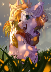 Size: 2500x3500 | Tagged: safe, artist:medkit, derpibooru import, oc, oc only, bat pony, pony, bat wings, big eyes, clothes, cloud, cloudy, double rainbow, drop, eyes open, fangs, grass, grass field, heterochromia, high res, male, paint tool sai 2, rain, rainbow, running, scarf, shadow, sketch, smiling, solo, spread wings, stallion, stormcloud, sunlight, wings