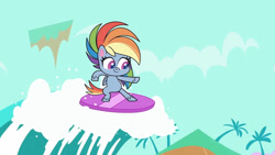 Size: 1192x670 | Tagged: safe, derpibooru import, screencap, rainbow dash, pegasus, pony, my little pony: pony life, the great divide, bipedal, female, mare, potion ocean, solo, surfboard, surfing