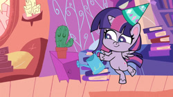 Size: 1192x670 | Tagged: safe, derpibooru import, screencap, twilight sparkle, twilight sparkle (alicorn), alicorn, pony, don't look a .gif horse in the mouth, my little pony: pony life, bipedal, cactus, female, golden oaks library, hat, mare, open mouth, party hat, solo, watering can